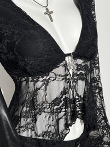 INAWLY Casual Vacation Deep V-Neck Lace Asymmetrical Hem Long Sleeve Top - Black - View 5