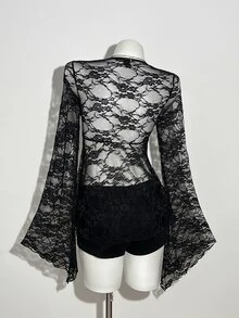 INAWLY Casual Vacation Deep V-Neck Lace Asymmetrical Hem Long Sleeve Top - Black - View 2