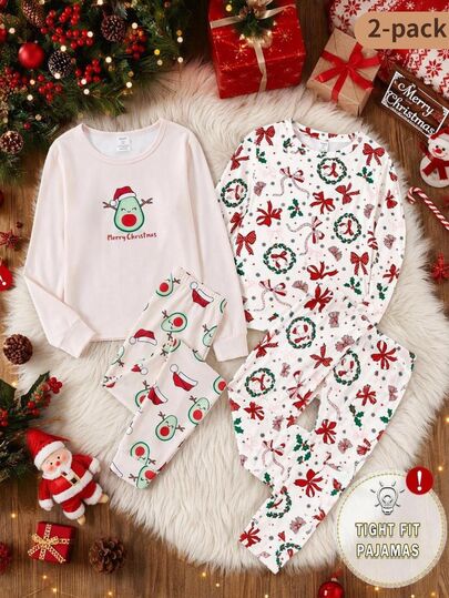 Pyjama 2 pièces pour fille préadolescente, coupe ajustée, manches longues, pantalon imprimé Noël, automne/hiver