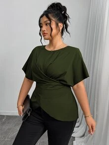 Elenzga Women's Elegant Army Green Summer Shirt,Office Drawstring Bowknot Waist Casual Tops,Work Comfortable Commuting Wrap Asymmetrical Fashion Tops - Army Green - View 5