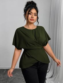 Elenzga Women's Elegant Army Green Summer Shirt,Office Drawstring Bowknot Waist Casual Tops,Work Comfortable Commuting Wrap Asymmetrical Fashion Tops - Army Green - View 9