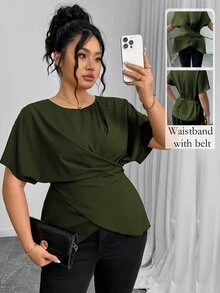 Elenzga Women's Elegant Army Green Summer Shirt,Office Drawstring Bowknot Waist Casual Tops,Work Comfortable Commuting Wrap Asymmetrical Fashion Tops - Army Green - View 1