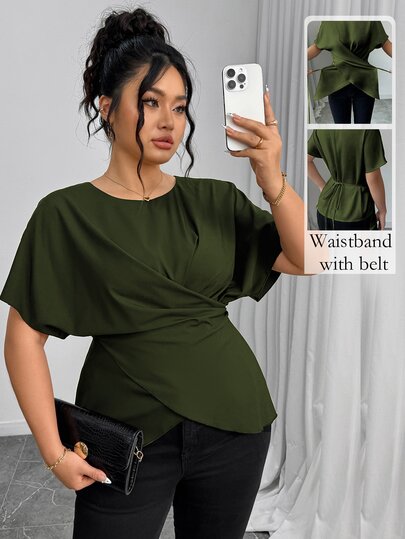 Elenzga Women's Elegant Army Green Summer Shirt,Office Drawstring Bowknot Waist Casual Tops,Work Comfortable Commuting Wrap Asymmetrical Fashion Tops