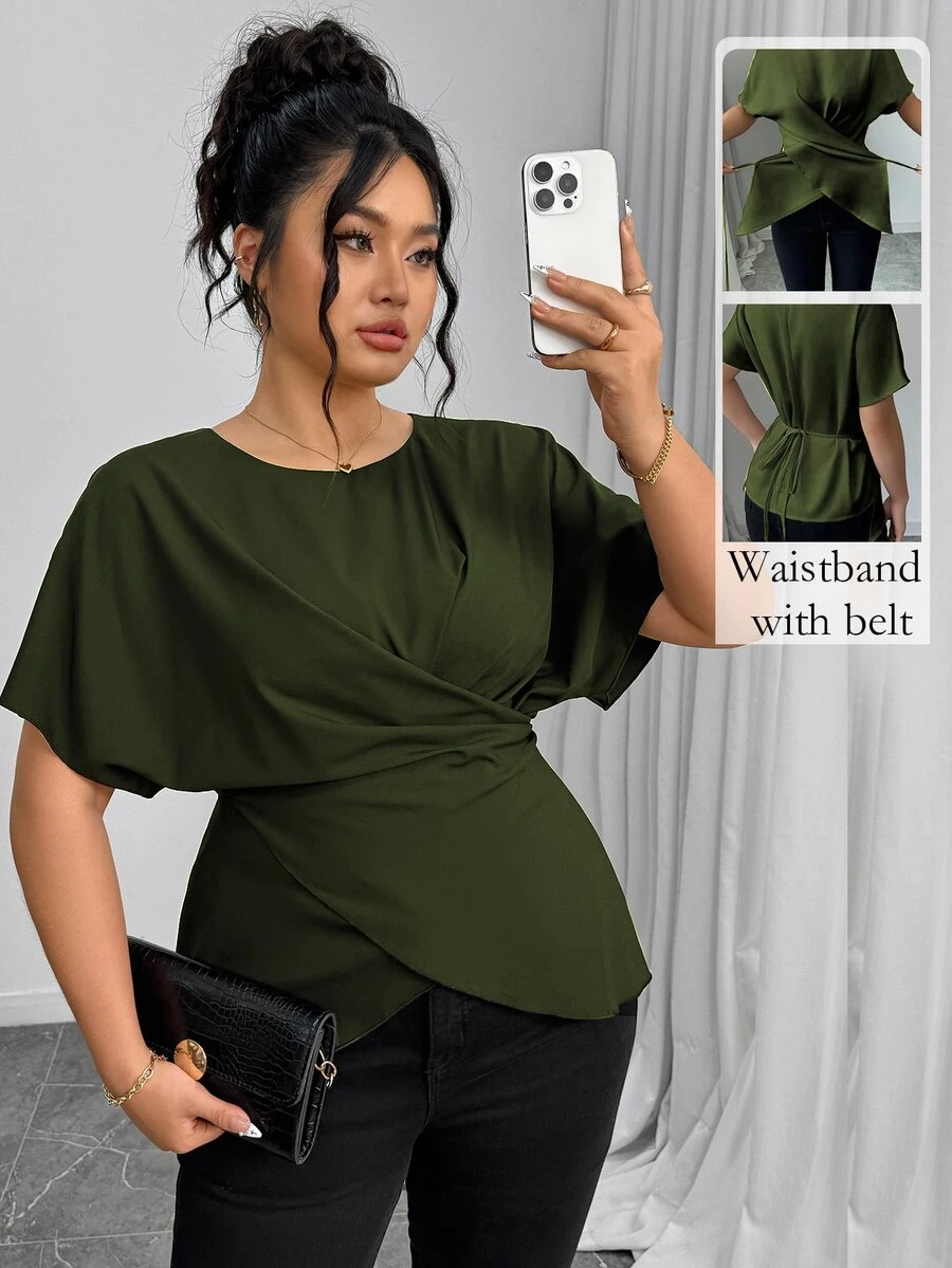 Elenzga Women's Elegant Army Green Summer Shirt,Office Drawstring Bowknot Waist Casual Tops,Work Comfortable Commuting Wrap Asymmetrical Fashion Tops - Army Green - View 1