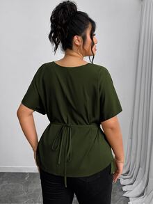 Elenzga Women's Elegant Army Green Summer Shirt,Office Drawstring Bowknot Waist Casual Tops,Work Comfortable Commuting Wrap Asymmetrical Fashion Tops - Army Green - View 2