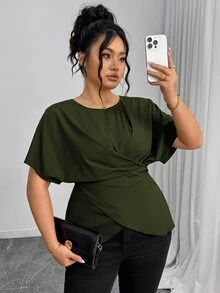 Elenzga Women's Elegant Army Green Summer Shirt,Office Drawstring Bowknot Waist Casual Tops,Work Comfortable Commuting Wrap Asymmetrical Fashion Tops - Army Green - View 7
