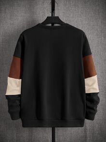 Manfinity RebelGame Men Black Color Block Sweatshirt Long Sleeve Crew Neck Patchwork Relaxed Fit Casual Pullover Streetwear Soft Fabric Daily Wear Autumn Spring Style Top - Black - View 2
