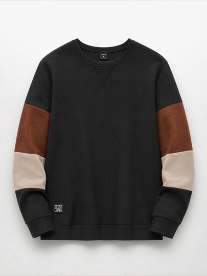 Manfinity RebelGame Men Black Color Block Sweatshirt Long Sleeve Crew Neck Patchwork Relaxed Fit Casual Pullover Streetwear Soft Fabric Daily Wear Autumn Spring Style Top