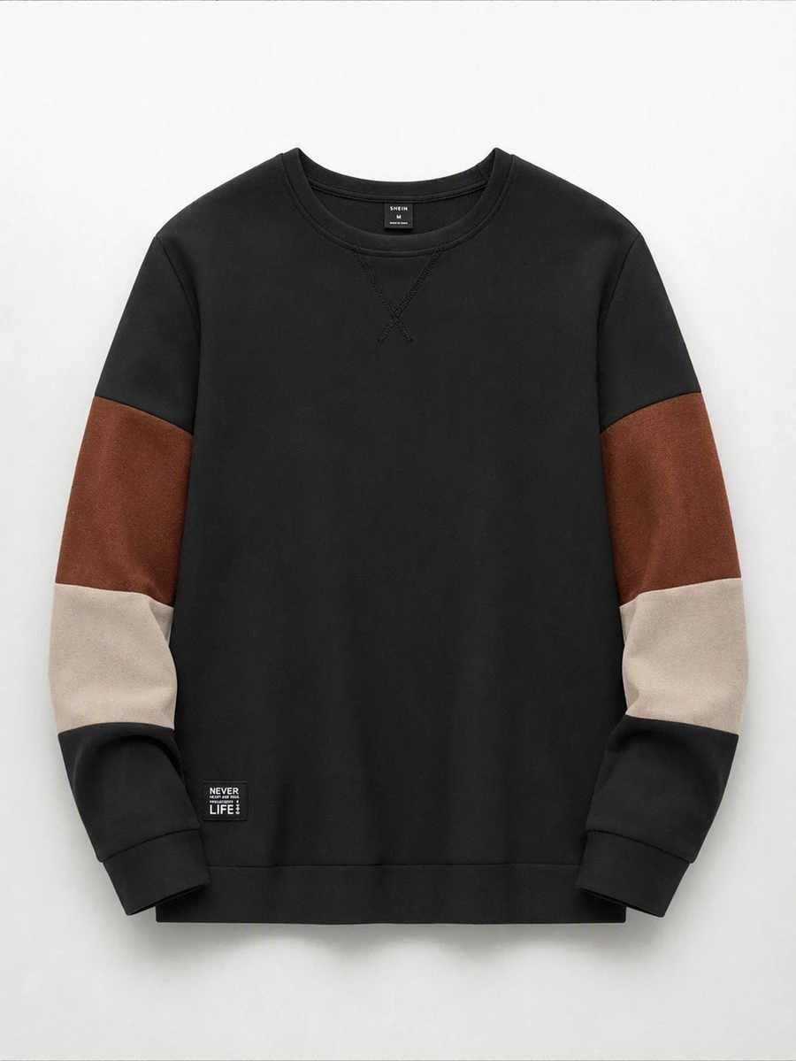 Manfinity RebelGame Men Black Color Block Sweatshirt Long Sleeve Crew Neck Patchwork Relaxed Fit Casual Pullover Streetwear Soft Fabric Daily Wear Autumn Spring Style Top - Black - View 1