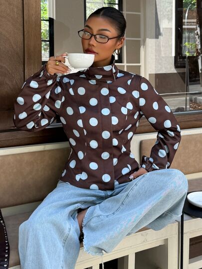 Muchica Women's Casual Brown Blue Polka Dot Print Waist-Cinching Jacket For Autumn Fall/Winter Elegant Casual Formal New Year College Outfit