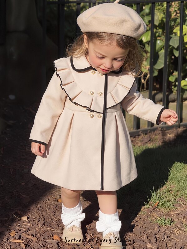 Cozy Pixies Cappotto autunnale per bambina con perle finte, linea ad A e orlo con volant