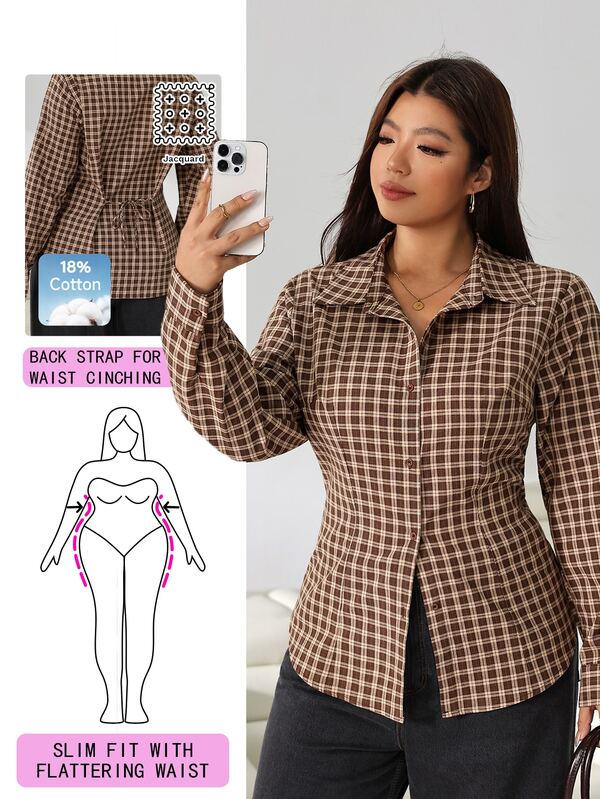 Solflare Plus Size Minimalist Fashion Plaid Single-Breasted Long Sleeve Shirt Fall