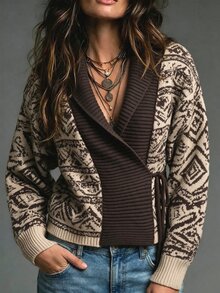 Breezaya Cardigan Sweater Wanita Vintage Longgar Jacquard dengan Tali Depan - Khaki - View 4