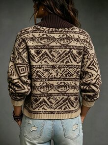 Breezaya Cardigan Sweater Wanita Vintage Longgar Jacquard dengan Tali Depan - Khaki - View 2