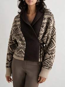 Breezaya Cardigan Sweater Wanita Vintage Longgar Jacquard dengan Tali Depan - Khaki - View 1