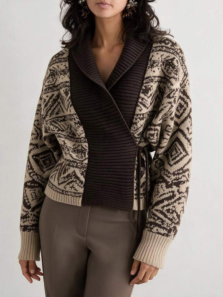 Breezaya Cardigan Sweater Wanita Vintage Longgar Jacquard dengan Tali Depan - Khaki - View 1
