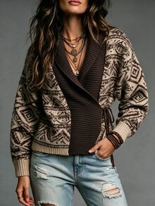 Breezaya Cardigan Sweater Wanita Vintage Longgar Jacquard dengan Tali Depan - Khaki - View 3