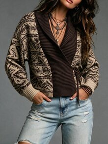 Breezaya Cardigan Sweater Wanita Vintage Longgar Jacquard dengan Tali Depan - Khaki - View 5