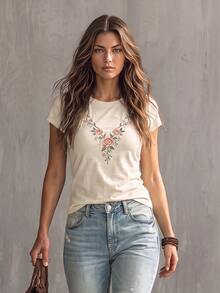 Glimmora Women's Floral Print Pleated Casual Versatile Daily Wear T-Shirt - Multicolor - View 1