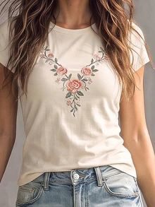 Glimmora Women's Floral Print Pleated Casual Versatile Daily Wear T-Shirt - Multicolor - View 2