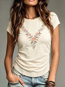 Glimmora Women's Floral Print Pleated Casual Versatile Daily Wear T-Shirt - Multicolor - View 4