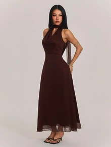 SHEIN PETITE Women's Solid Color Elegant Draped Neck Dress - Brown - View 4
