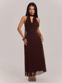 SHEIN PETITE Women's Solid Color Elegant Draped Neck Dress - Brown - View 1