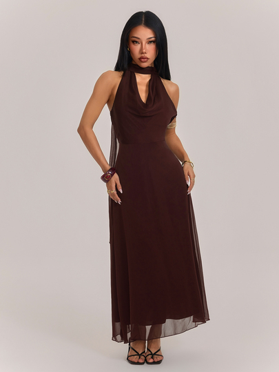 SHEIN PETITE Women's Solid Color Elegant Draped Neck Dress