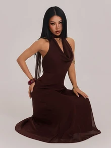 SHEIN PETITE Women's Solid Color Elegant Draped Neck Dress - Brown - View 5