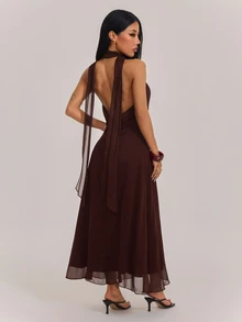 SHEIN PETITE Women's Solid Color Elegant Draped Neck Dress - Brown - View 2