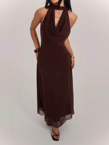 SHEIN PETITE Women's Solid Color Elegant Draped Neck Dress - Brown - View 6