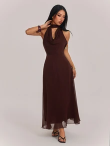 SHEIN PETITE Women's Solid Color Elegant Draped Neck Dress - Brown - View 3