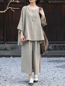 Glimmora 女款純色圓領長袖上衣與長褲休閒日常套裝 - 灰色 - 查看 6