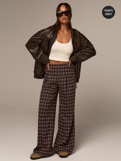 Athîral Women's Casual Versatile Brown Plaid Loose Straight Leg Tie-Waist Pants, Suitable For Daily Wear, Commute Office, Back To School, Off-Campus, And Girlfriend Gatherings