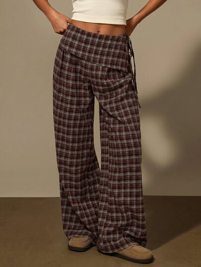Athîral Women's Casual Versatile Brown Plaid Loose Straight Leg Tie-Waist Pants, Suitable For Daily Wear, Commute Office, Back To School, Off-Campus, And Girlfriend Gatherings