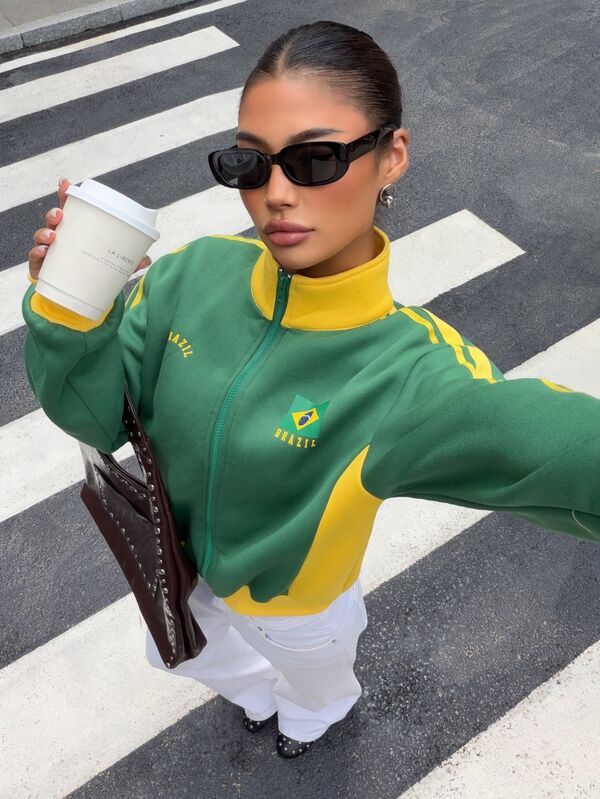 Muchica Chaqueta de mujer con bloques de color y estampado de Brasil