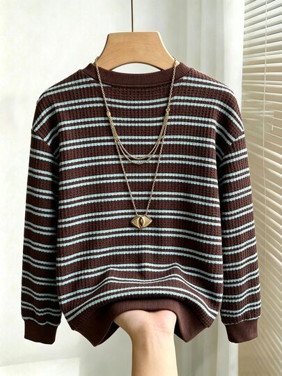SHEIN LUNE بلوزة نسائية بياقة طاقم وأكمام طويلة منسوجة، متعددة الاستخدامات كاجوال للعودة إلى المدرسة والمعلمة والتنقل، باللونين البني والأزرق