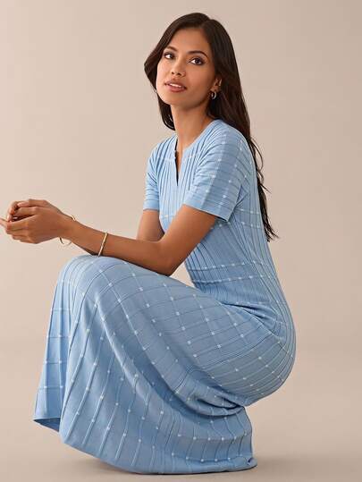Lilora Robe pull élégante en tricot jacquard à manches courtes pour femmes, bleu clair, automne, pour brunch et bureau