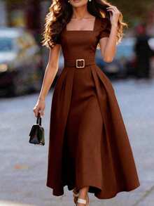 Balvessa Gaun Midi Lengan Pendek Leher Persegi Warna Polos Elegan untuk Wanita di Musim Panas - Coklat - View 5