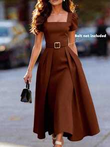 Balvessa Gaun Midi Lengan Pendek Leher Persegi Warna Polos Elegan untuk Wanita di Musim Panas - Coklat - View 1