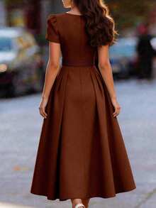 Balvessa Gaun Midi Lengan Pendek Leher Persegi Warna Polos Elegan untuk Wanita di Musim Panas - Coklat - View 2