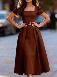 Balvessa Gaun Midi Lengan Pendek Leher Persegi Warna Polos Elegan untuk Wanita di Musim Panas - Coklat - View 4