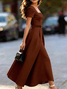 Balvessa Gaun Midi Lengan Pendek Leher Persegi Warna Polos Elegan untuk Wanita di Musim Panas - Coklat - View 3