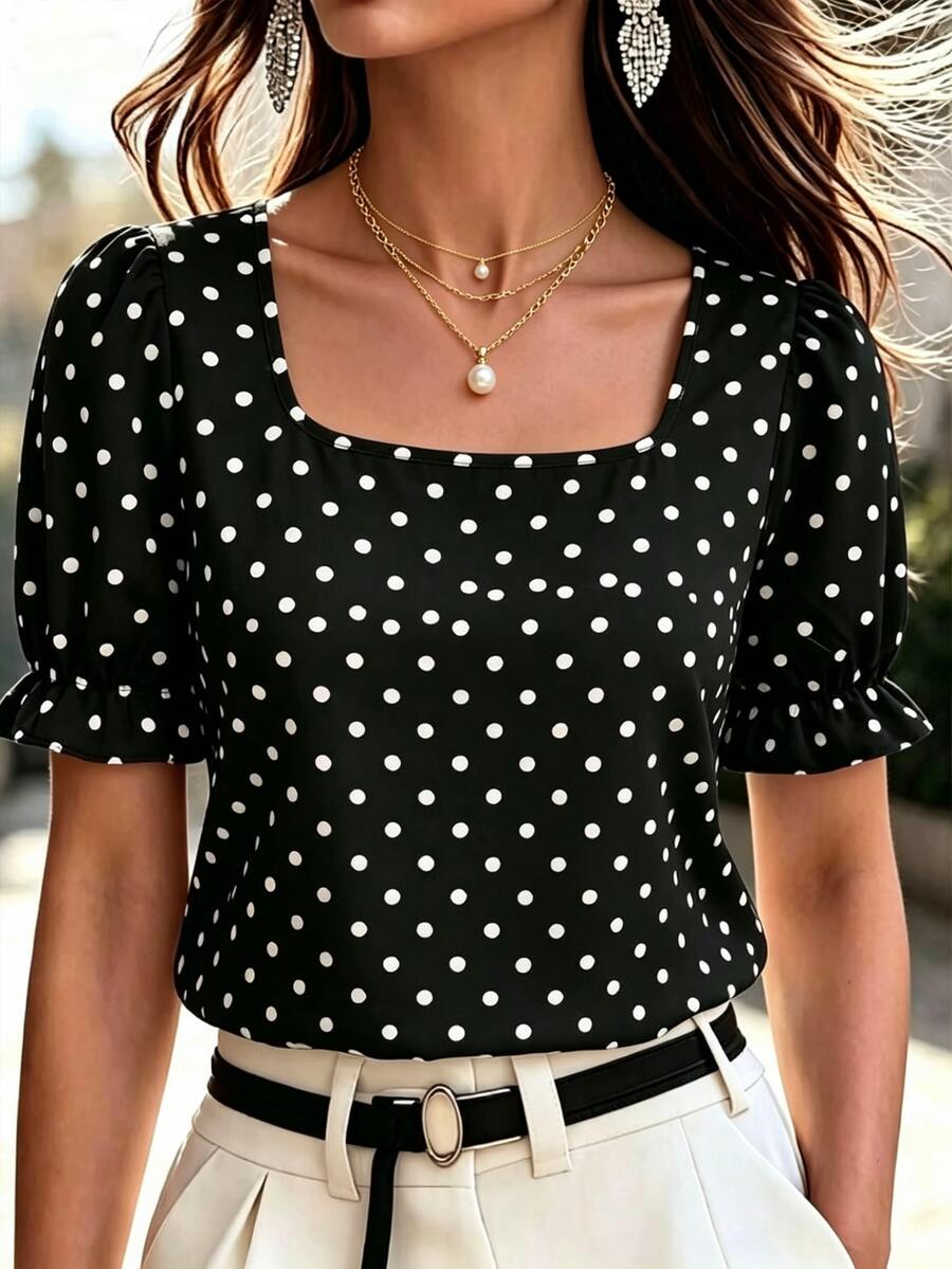 SHEIN LUNE Women's Woven Polka Dot Square Neck Frill Trim Short Sleeve Casual French Elegant Summer Blouse, Suitable For Daily Wear Vacation Black And White - Black - View 1