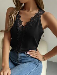 SHEIN Simple Elegant Solid Color Lace Trim V-Neck Camisole - Black - View 6