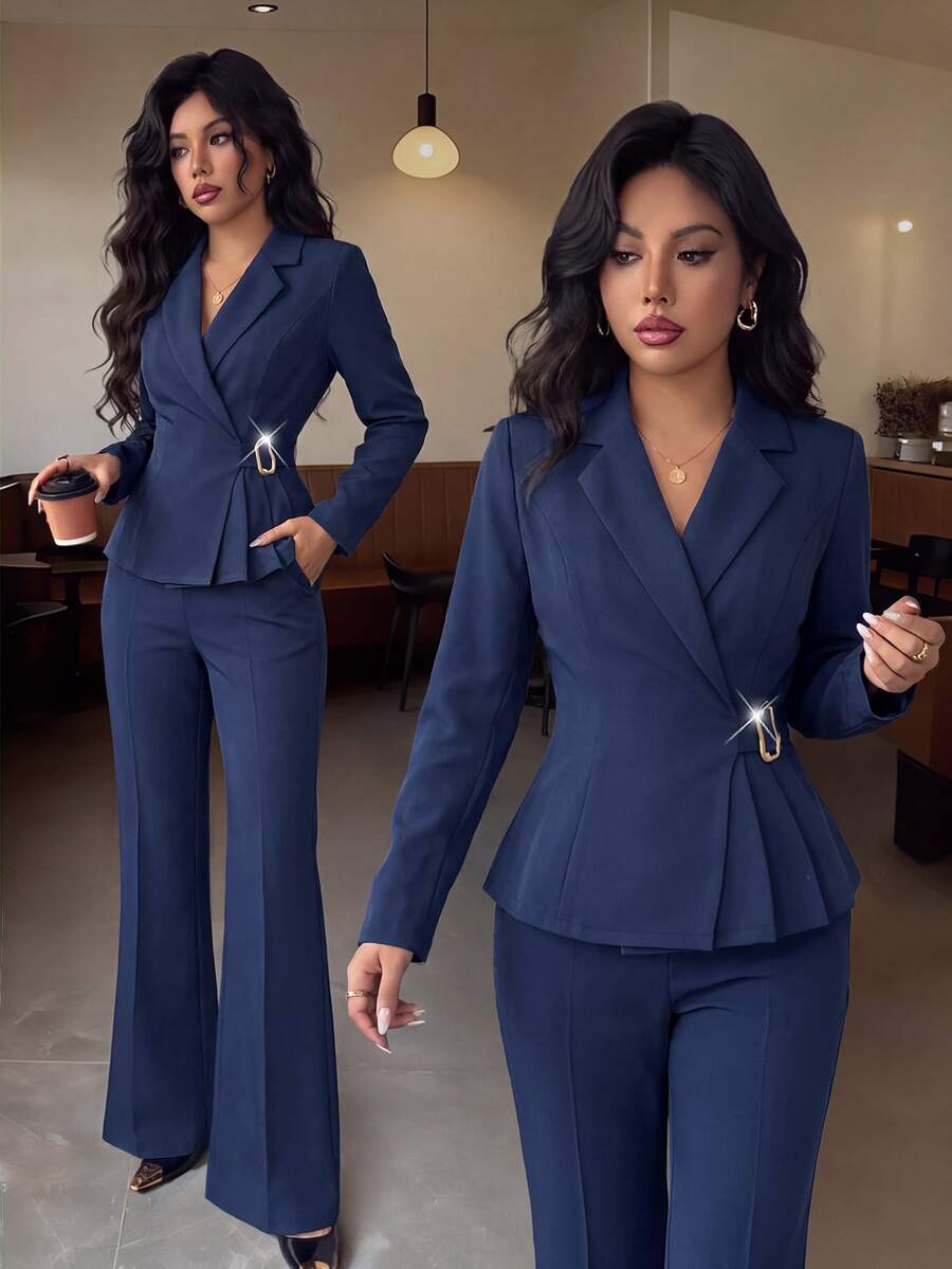 Elenzga Setelan Jas Wanita Lengan Panjang Kerah Berbentuk Kerah dan Celana Lebar Warna Polos - Navy Blue - View 1