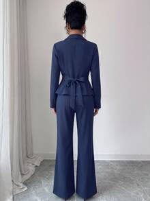 Elenzga Setelan Jas Wanita Lengan Panjang Kerah Berbentuk Kerah dan Celana Lebar Warna Polos - Navy Blue - View 2