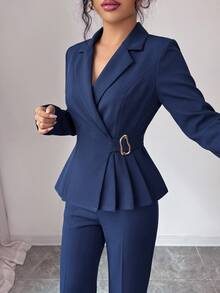 Elenzga Setelan Jas Wanita Lengan Panjang Kerah Berbentuk Kerah dan Celana Lebar Warna Polos - Navy Blue - View 3