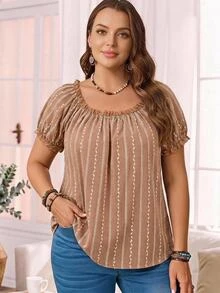 Rosumi Women's Plus Size Lace Patchwork Textured Fabric Allover White Pullover Round Neck Blouse Summer Country Casual Smart Elegant Boho Vacation - Coffee Brown - View 1