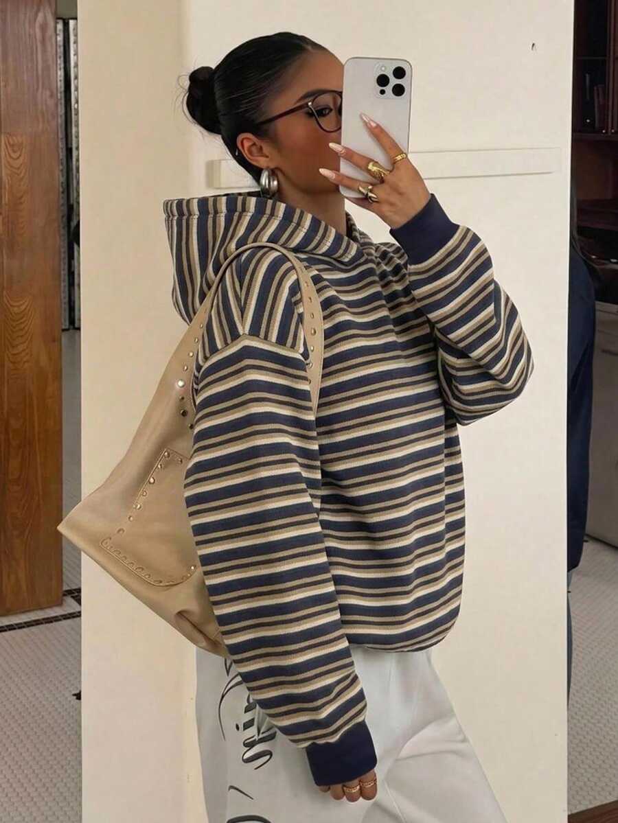 Muchica 女款全印花條紋運動衫，休閒極簡日常百搭，約會與外出穿搭，女款秋季服飾，秋季穿搭，女款通勤穿搭，百搭上衣，外出穿搭，機場穿搭 - 彩色 - 查看 1